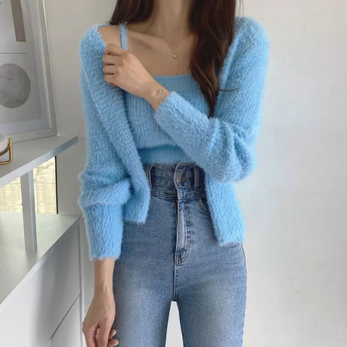 Two-Piece Camisole Knitted Vest with Long Sleeve Cropped Cardigan